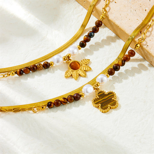 Vintage Tiger Eye Agate Beaded Double Layer Floral Stainless Steel Bracelet for Women