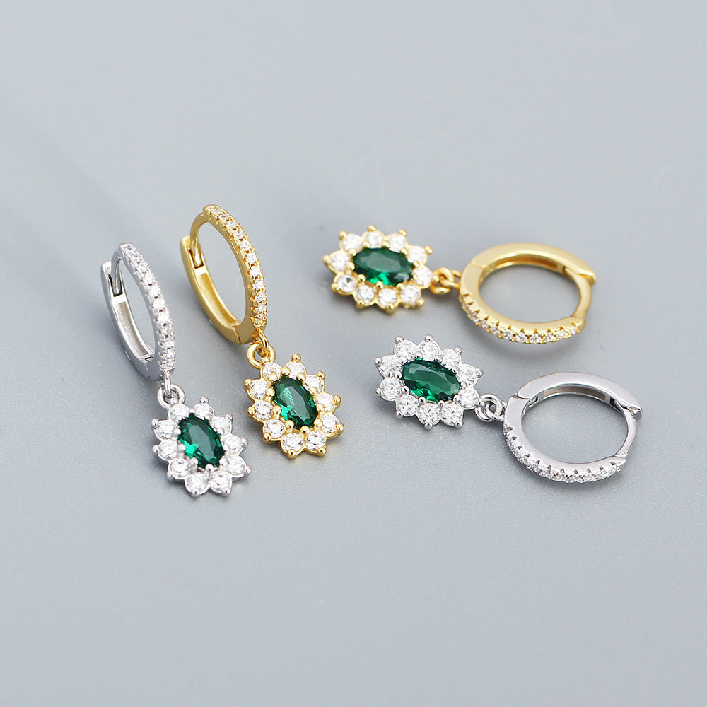 Fashionable Office-Style Geometric Silver Stud Earrings with Green Zircon Inlay and Rhodium Plating