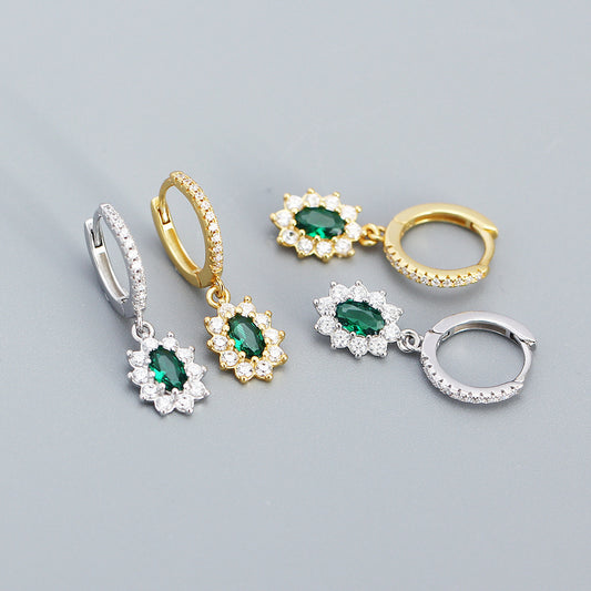 Orecchini a perno geometrici in argento, stile ufficio alla moda, con zircone verde intarsiato e placcatura in rodio