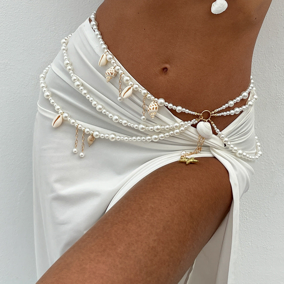 Bohemian Alloy Body Chain with Imitation Pearl Beads Starfish and Shell Pendant for Women