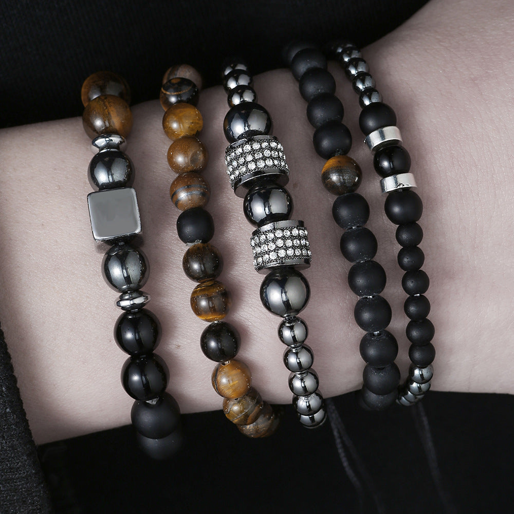 Natural Tiger's Eye and Hematite Beaded Bracelet Set with Cubic Zirconia Accents for Men and Women DIY Charm Bar