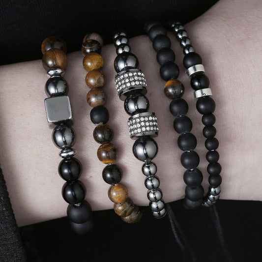 Natural Tiger's Eye and Hematite Beaded Bracelet Set with Cubic Zirconia Accents for Men and Women DIY Charm Bar