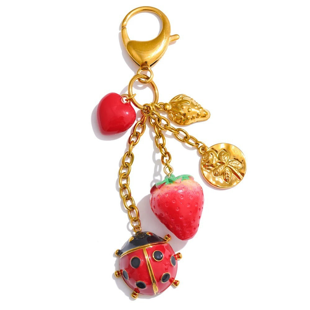 Colorful Heart Strawberry Fruit Metal Plated Keychain Bag Charm