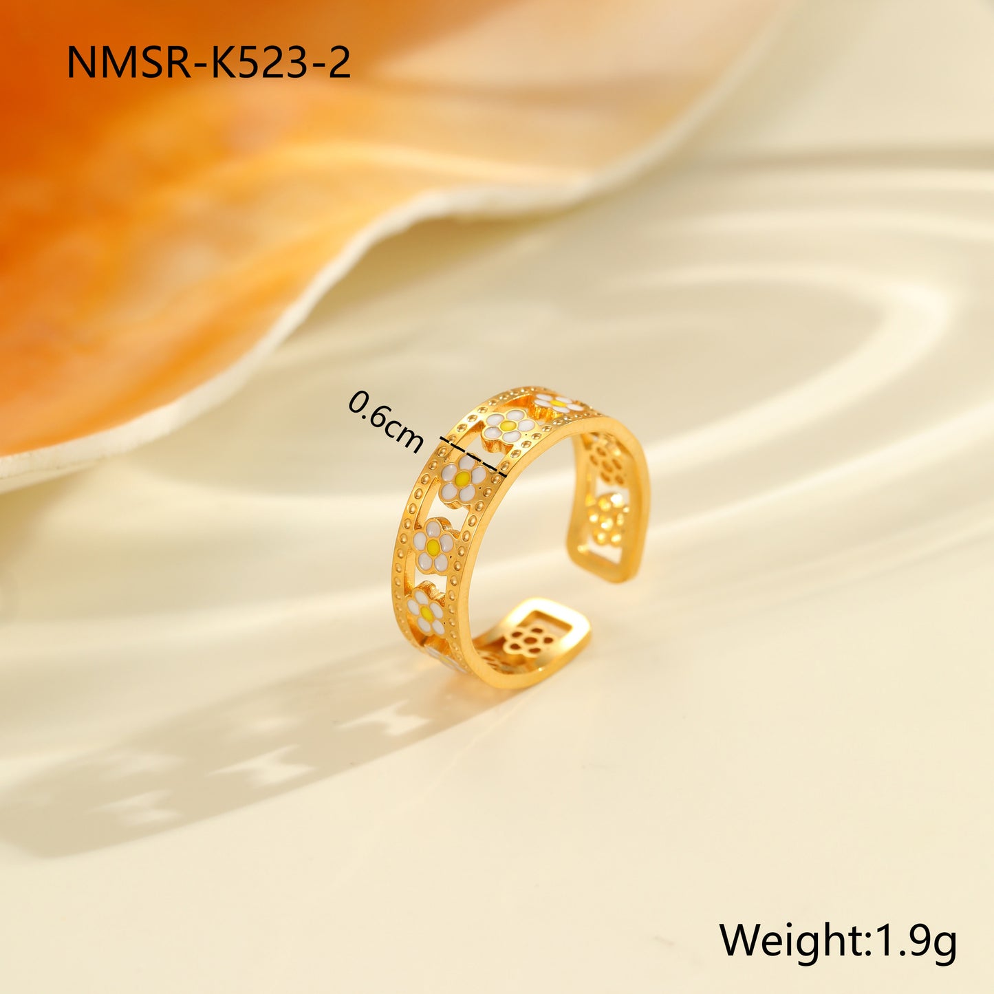 Anillo de Acero Inoxidable con Esmalte Floral Minimalista y Baño de Oro de 18K, Banda Abierta Ajustable para Mujer