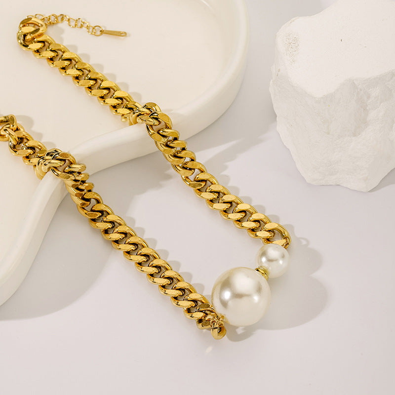 Original Design Geometric Titanium Steel Plated Choker Necklace with Imitation Pearl Accent and O-Chain