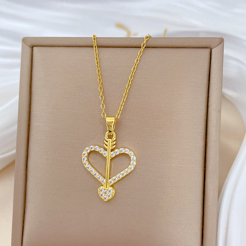 Cartoon Style Heart-Shaped Titanium Steel Necklace with Rhinestone Inlay for Women and Men, Delicate Clavicle Chain