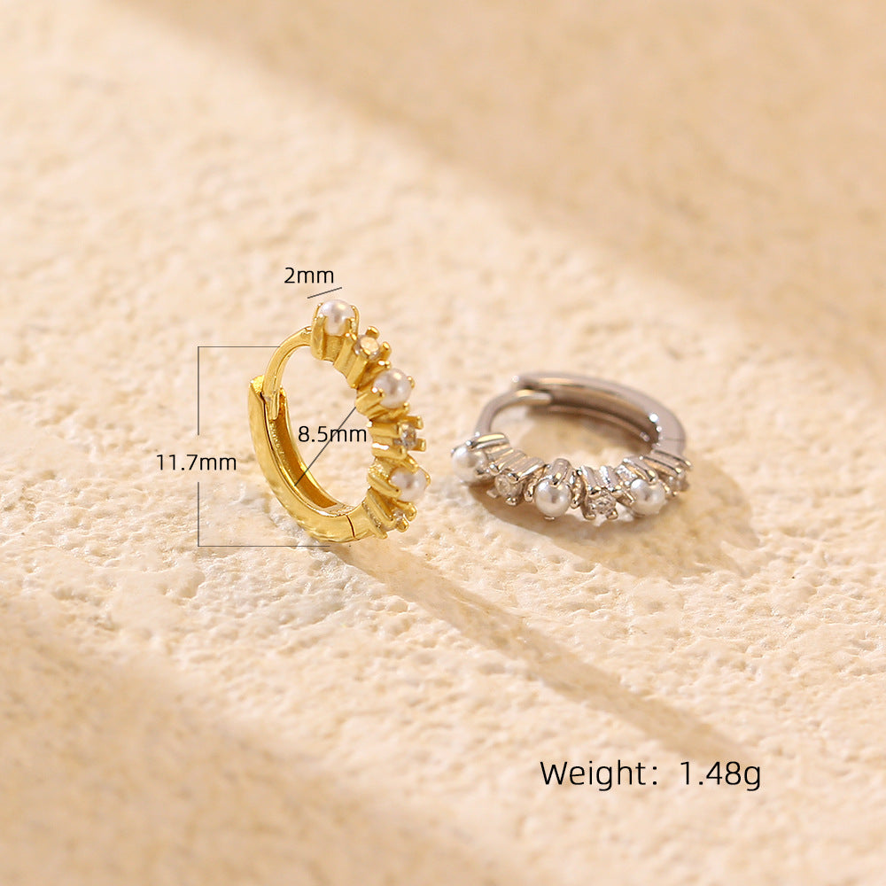 Orecchini a perno da donna in argento sterling S925, eleganti, geometrici, con intarsio di strass e dettagli effetto perla