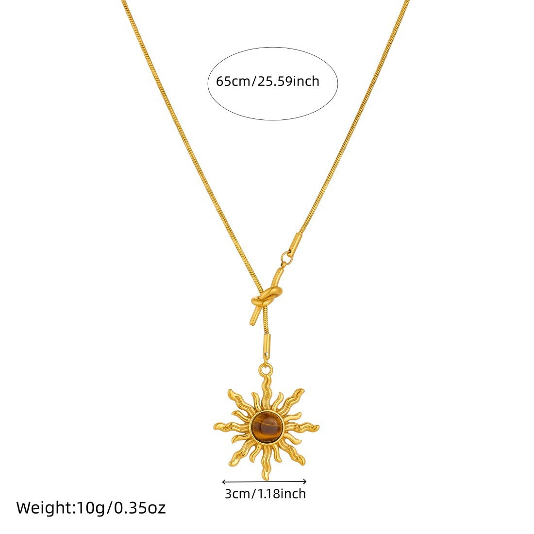 Vintage Gold Plated Sun Stainless Steel Pendant Snake Chain Necklace for Women