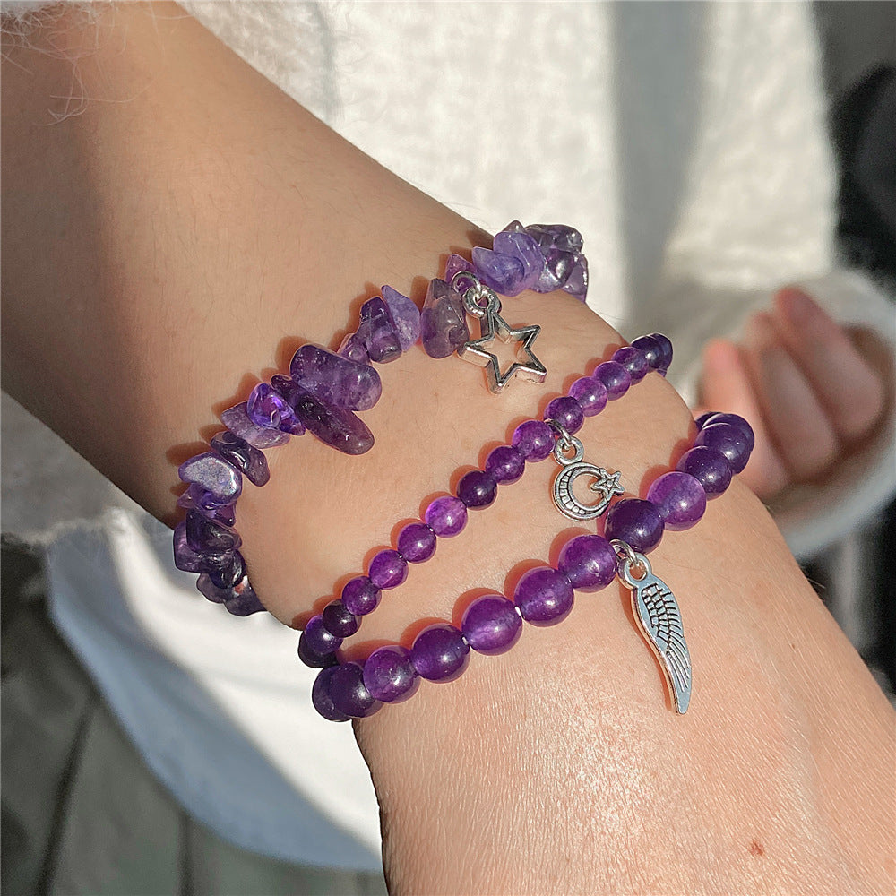 Vintage Amethyst Crystal Chip Beads Bracelet with Star Moon Pendant Geometric Irregular Stone Elastic Multi-Layer Bracelet for Women