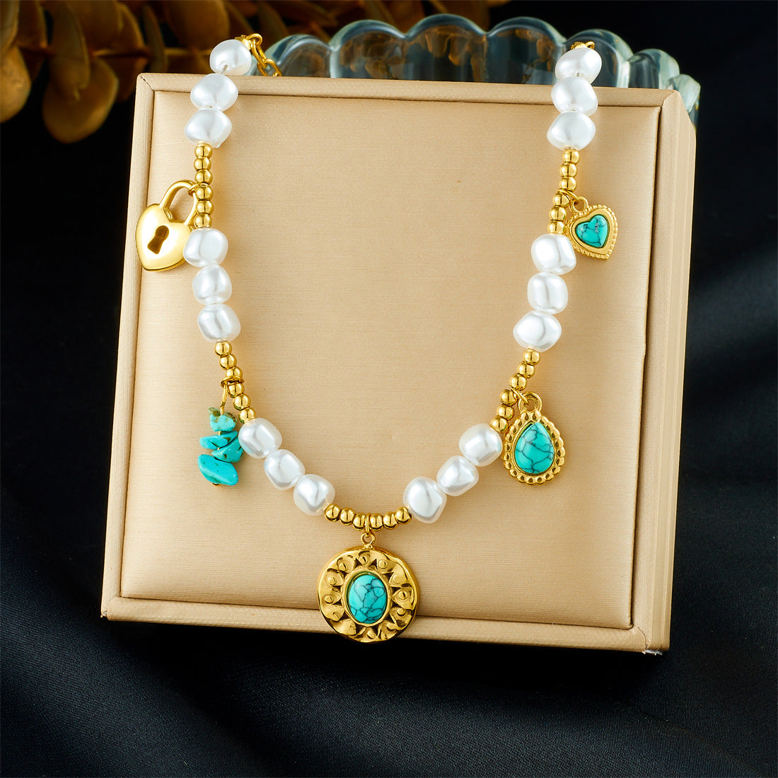 Vintage Elegant Heart Bow Stainless Steel Plated Pearl Ball Chain Necklace for Women