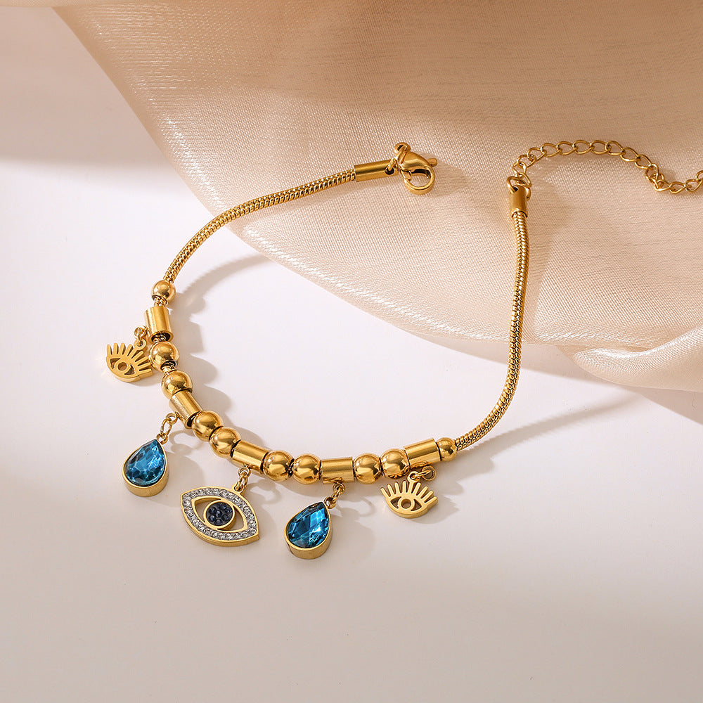 Minimalist Geometric Titanium Steel Bracelet for Women with Enamel Evil Eye Inlay and Micro-Pave Zirconia