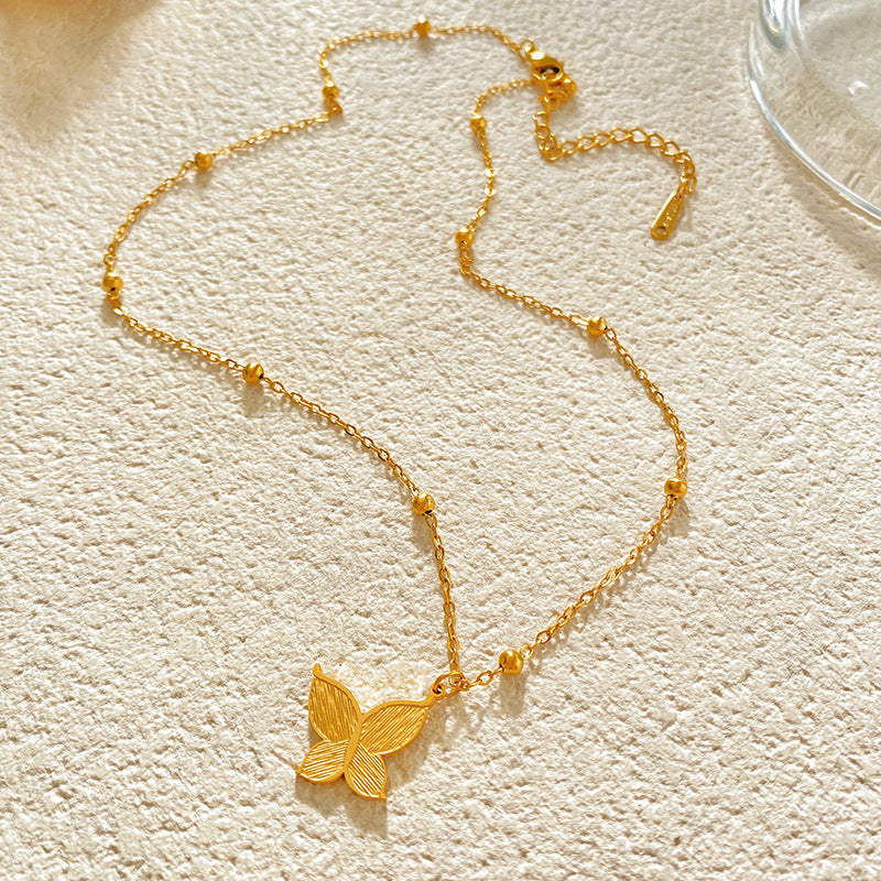 Layered Textured Butterfly Gold Plated Titanium Steel Necklace for Unisex