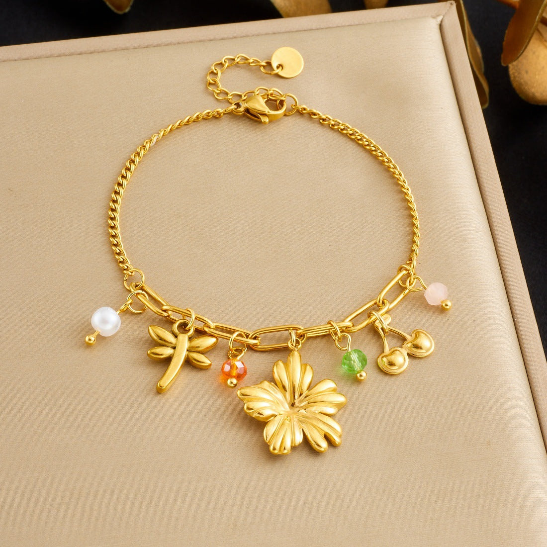 Sweet Gold Plated Floral Butterfly and Cherry Blossom Stainless Steel Bracelet with Pearl Ball Chain for Women