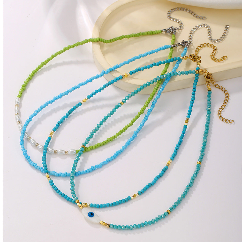 Geometric Evil Eye Pendant Necklace for Women with Stainless Steel Chain, Imitation Pearl and Crystal Beads, Turquoise Accents, Dopamine Jewelry
