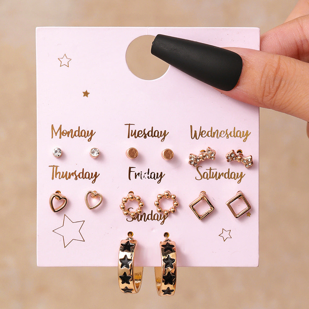 Sweet Geometric Heart Floral Alloy Stud Earrings with Rhinestone and Pearl Inlay for Unisex