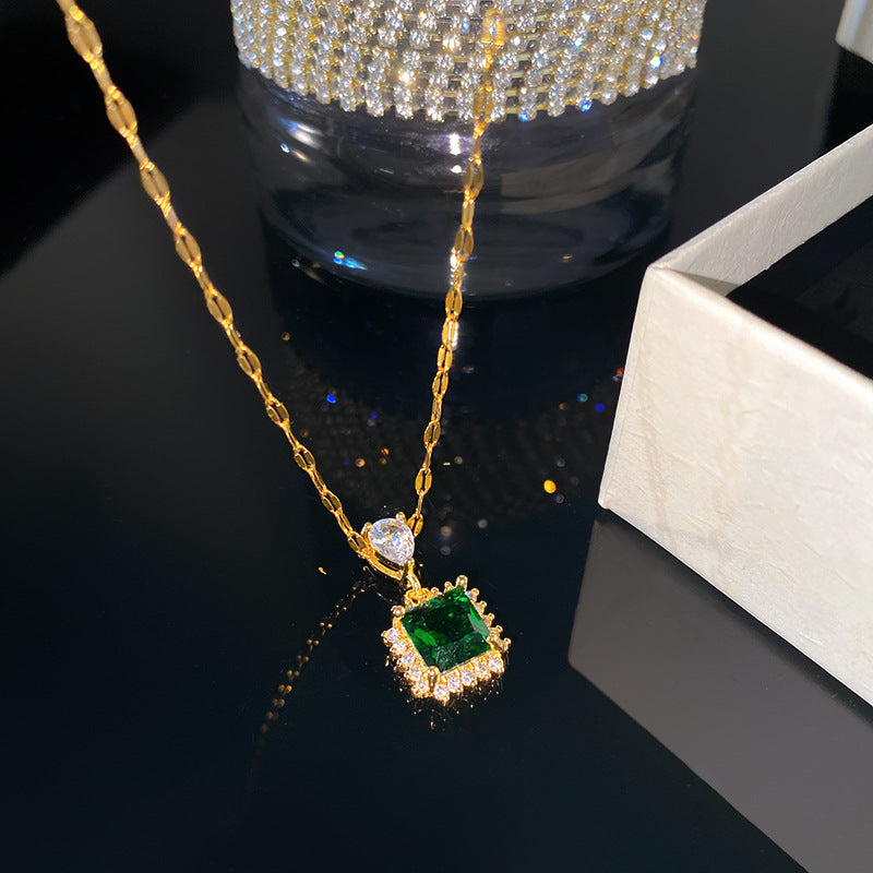 Vintage Sweet Square Geometric Cubic Zirconia Plated Titanium Steel Necklace with Brass Pendant Cable Chain Unisex