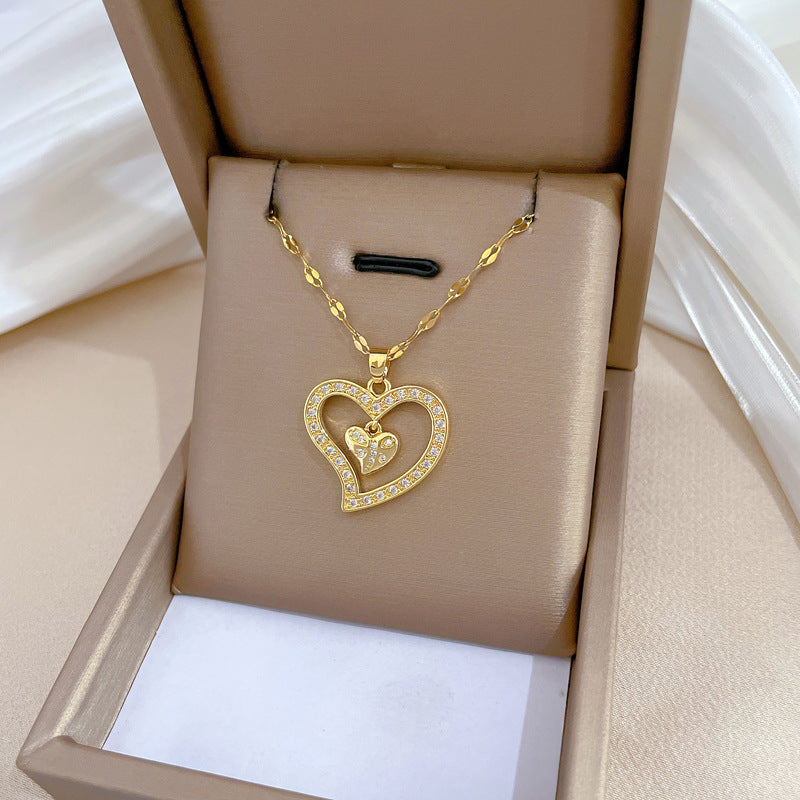 Minimalist Double Heart Shaped Titanium Steel Necklace with Zircon Inlay for Women and Men, Delicate Clavicle Chain