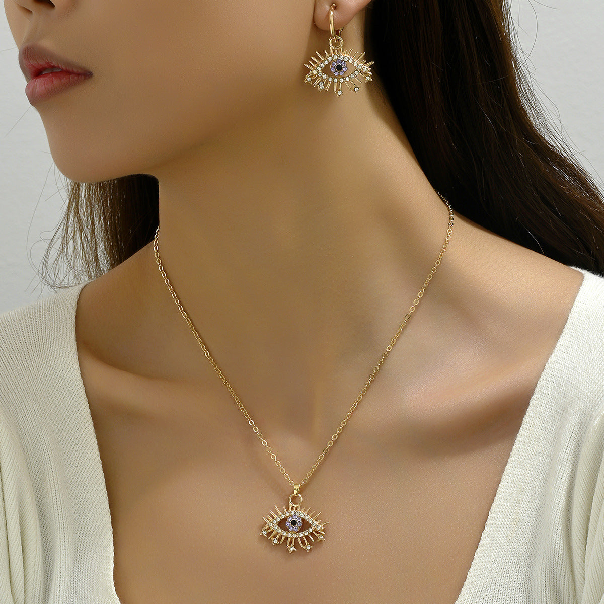 Conjunto de collar con colgante minimalista de ojo de ángel con incrustaciones de pedrería en aleación para mujer, cadena larga de clavícula y pendientes a juego