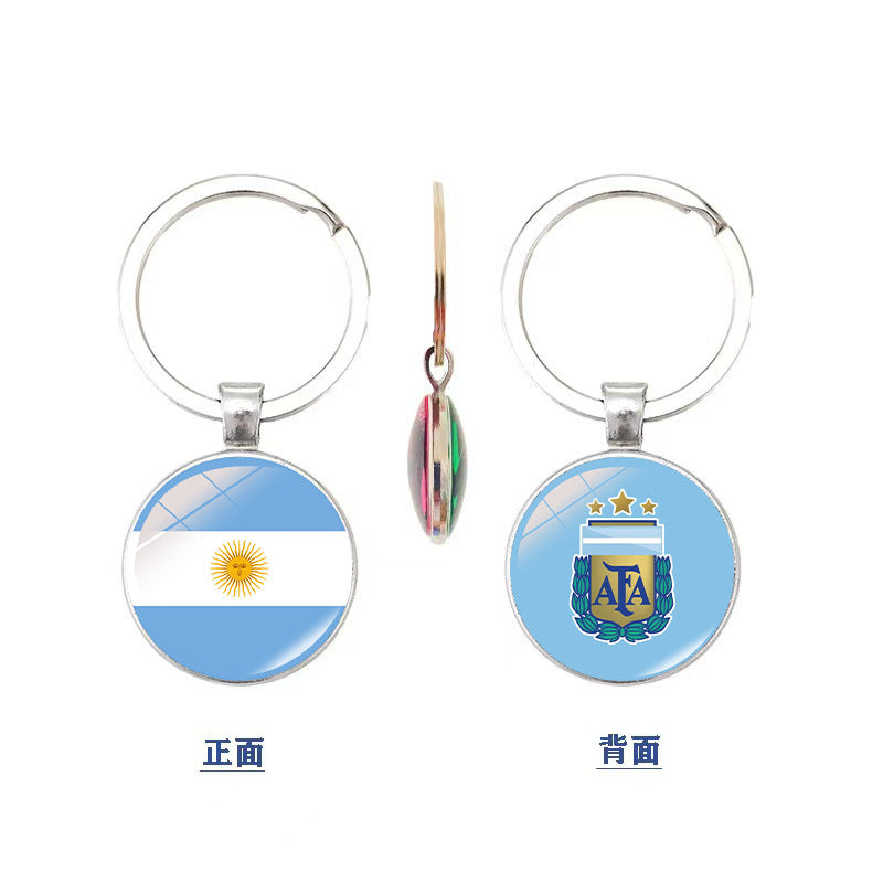 World Cup National Flag and Team Emblem Double-Sided Glass Keychain Pendant