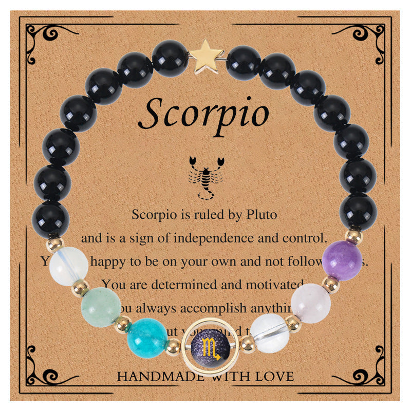 Elegant Geometric Natural Crystal Zodiac Beaded Bracelet Unisex Handmade Jewelry with Card