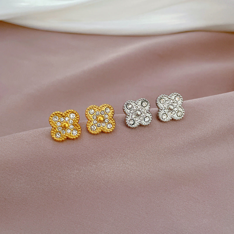 Minimalist Titanium Steel Geometric Ear Studs Lucky Clover Design for Women