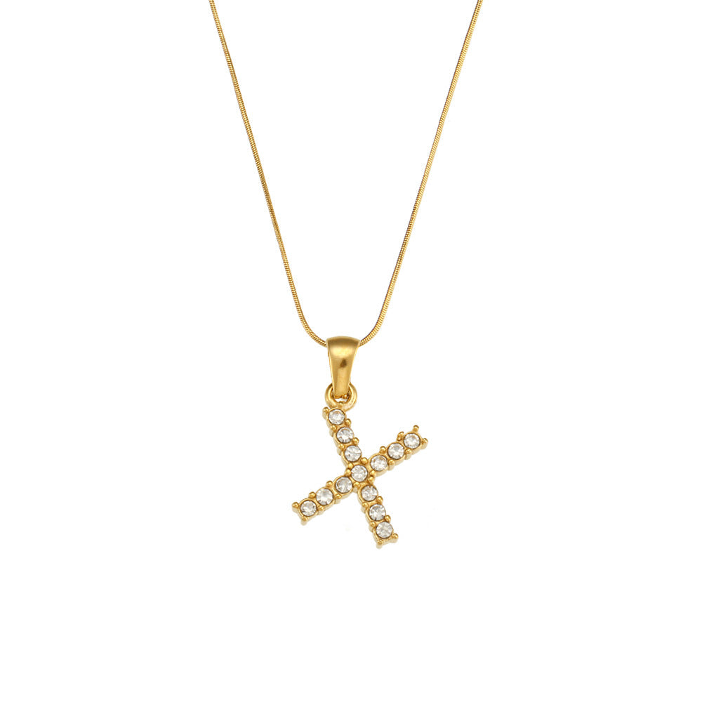 Fashion Minimalist Letter Pendant Necklace in Stainless Steel with 18K Gold Plating and Cubic Zirconia on Thin Snake Chain for Women