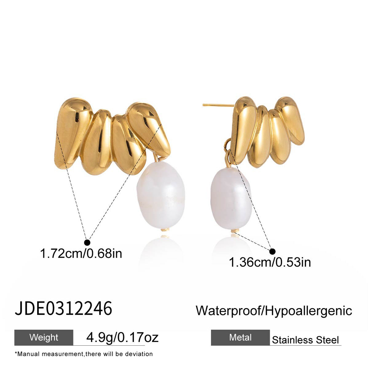 Geometric Stainless Steel PVD Gold Plated Freshwater Pearl Stud Earrings for Women