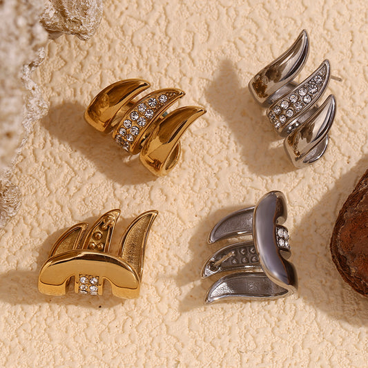 Minimalist Geometric Stainless Steel Ear Studs with 18K Gold Plating and Micro-Pave Rhinestone Accents for Women