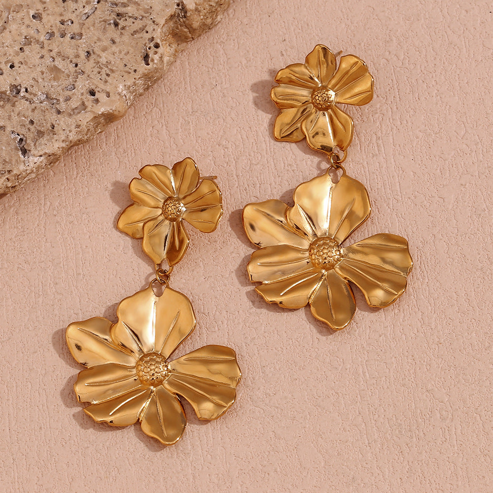 Vintage Fashion Floral Geometric Stainless Steel Earrings with 18K Gold Plating for Women