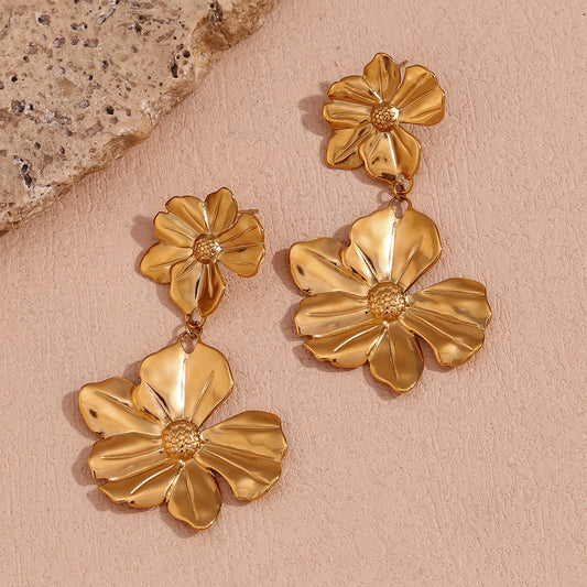 Pendientes de Acero Inoxidable con Chapado en Oro de 18K, Diseño Floral y Geométrico Vintage para Mujer