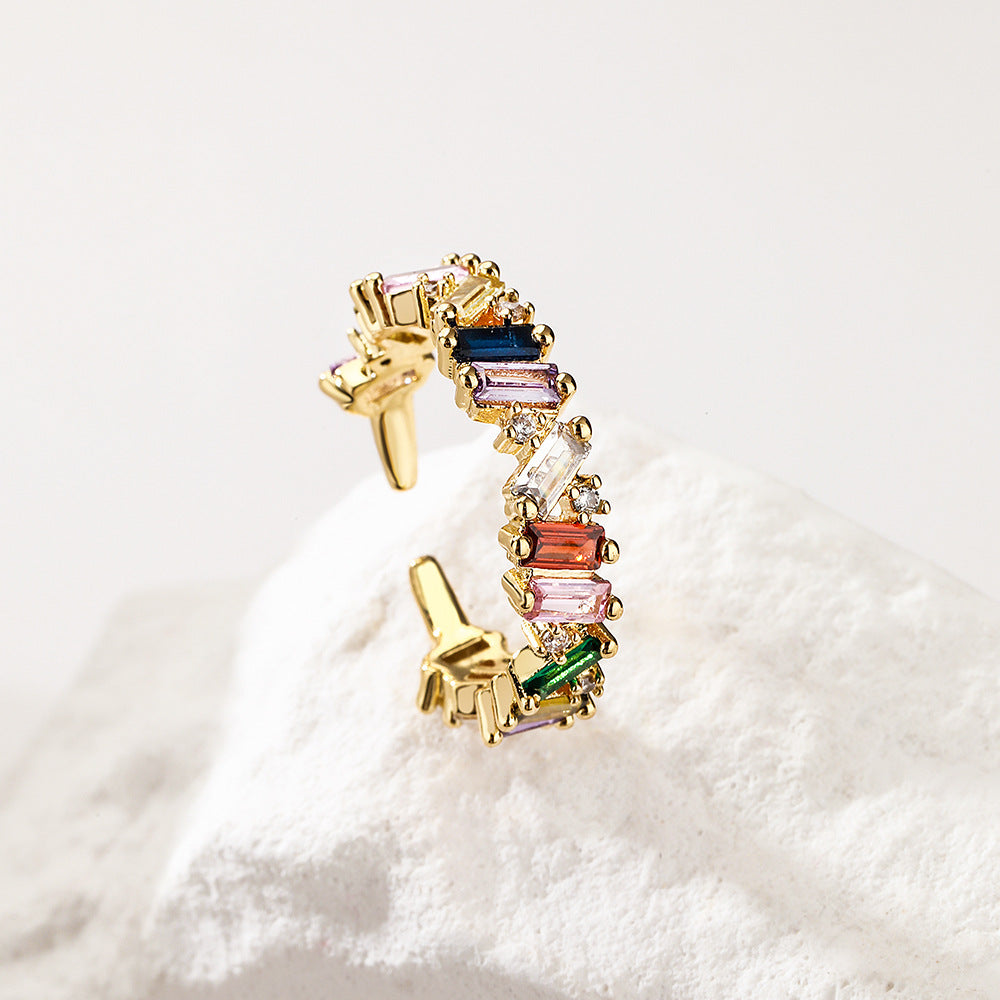 Minimalist Geometric Copper Ring with 18K Gold Plating and Colored Zircon Inlay for Women