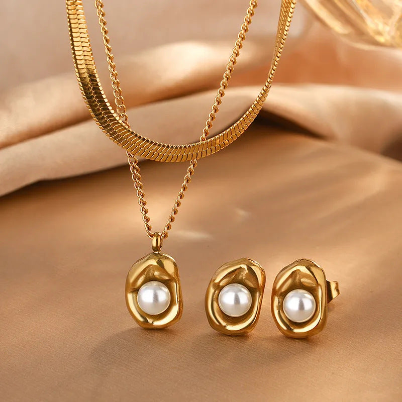 Elegant 18K Gold Plated Stainless Steel Round Pearl Necklace Set for Women