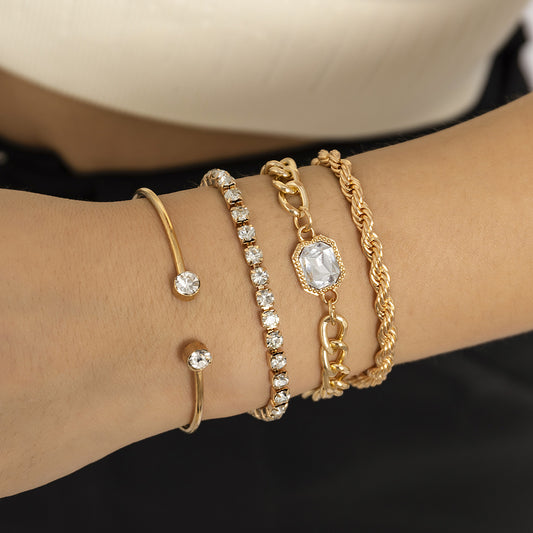 Minimalist Geometric Alloy Bracelet Set for Women with Rhinestone Inlay and Twisted Chain Design