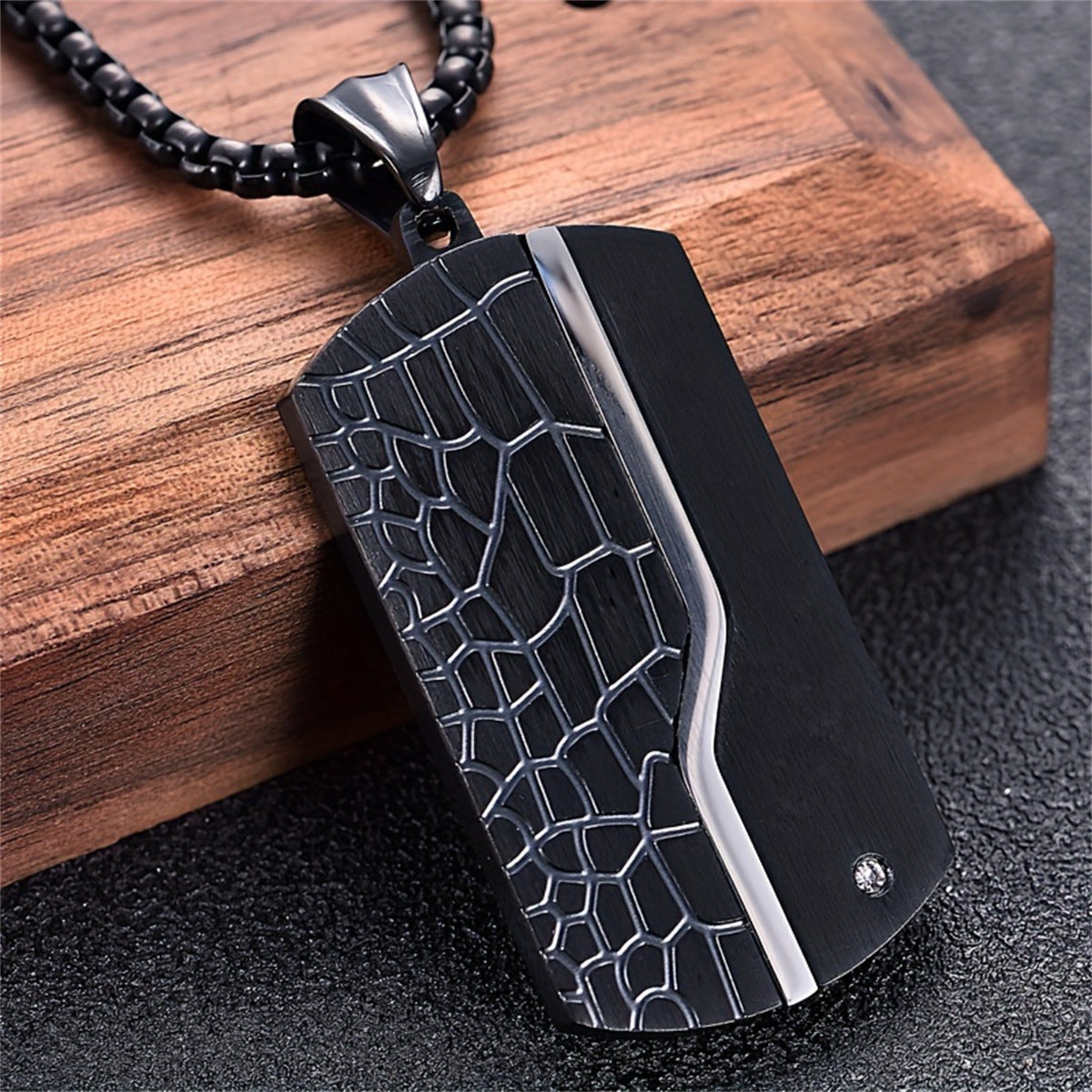 Retro Black Cracked White Zircon Stainless Steel Military Dog Tag Necklace with Plated Finish for Men and Women