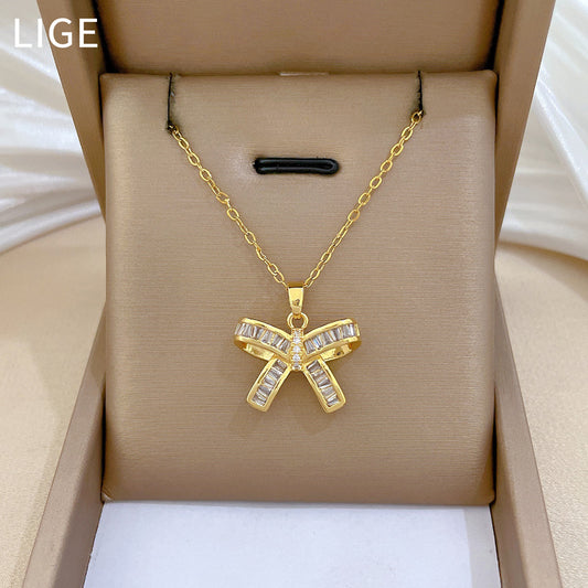 Cartoon Style Butterfly-Shaped Titanium Steel Necklace with Full Rhinestone Inlay for Women, Delicate Clavicle Chain