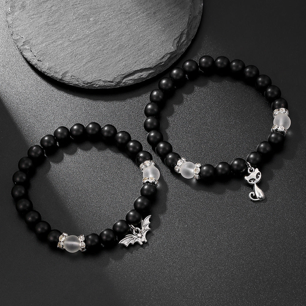 Minimalist Black Matte Geometric Cat and Bat Pendant Beaded Stretch Bracelet