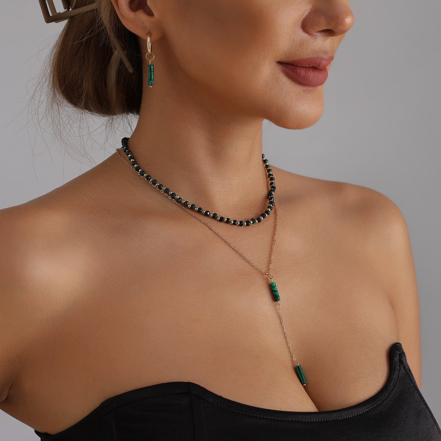 Dark Green Geometric Beaded Y-Necklace Alloy Plated Women's Fashion Jewelry