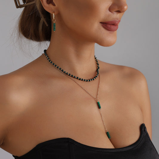Dark Green Geometric Beaded Y-Necklace Alloy Plated Women's Fashion Jewelry