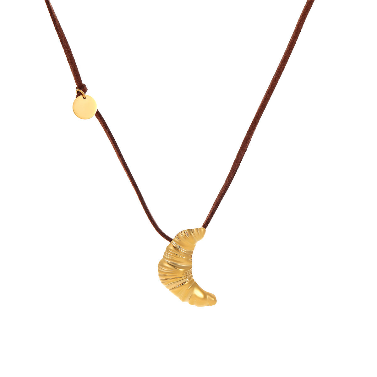 Elegante collar con colgante de cruasán geométrico para oficinista de acero inoxidable con baño de oro de 18 quilates en cordón de ante