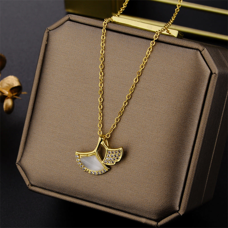 Minimalist Ginkgo Leaf Pendant Necklace in Titanium Steel with White Mother-of-Pearl Inlay on Ball Chain