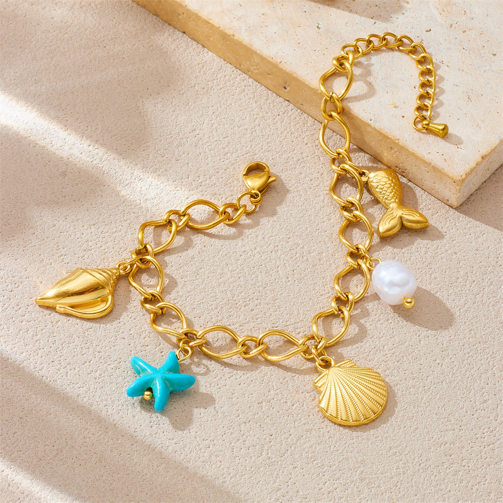Fashionable Stainless Steel Pearl Sea Star Pendant Bracelet with 18K Gold Plating for Women