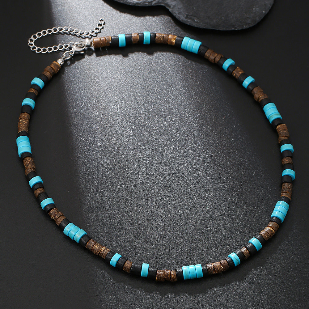 Ocean Style Geometric Round Turquoise Shell Coconut Shell Alloy Pendant Handmade Adjustable Woven Necklace for Men and Women