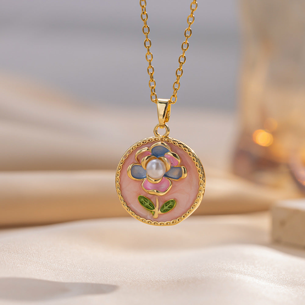 Minimalist Floral Pendant Necklace in Titanium Steel with Enamel Finish, Tulip and Camellia Design, O-Chain, Women's Lightweight Luxury Jewelry
