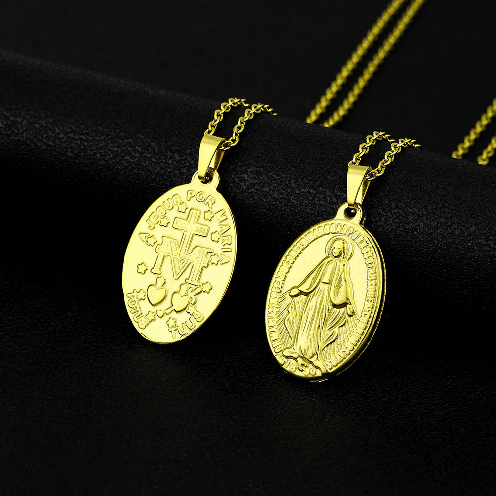 Collana con ciondolo Maria in acciaio inossidabile geometrico vintage con finitura placcata sottovuoto per abbigliamento casual unisex