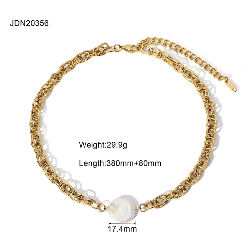 Elegant Geometric Round Stainless Steel Necklace with Cubic Zirconia and Pearl for Women