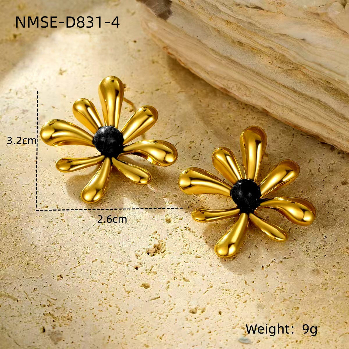 Pendientes Vintage de Acero Inoxidable con Forma de Girasol, Chapado en Oro de 18K e Incrustaciones de Piedras Naturales para Mujer