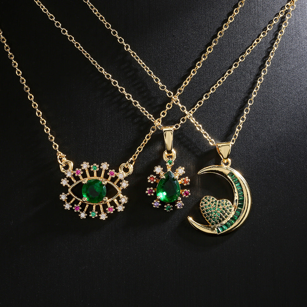 Geometric Evil Eye Pendant Necklace for Women in Copper with 18K Gold Plating and Green Zircon, Vintage INS Style