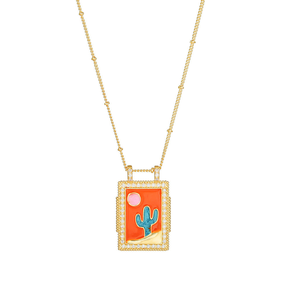 Geometric Gold Plated Brass Drip Oil Cubic Zirconia Inlay Tarot Necklace with Cable Chain