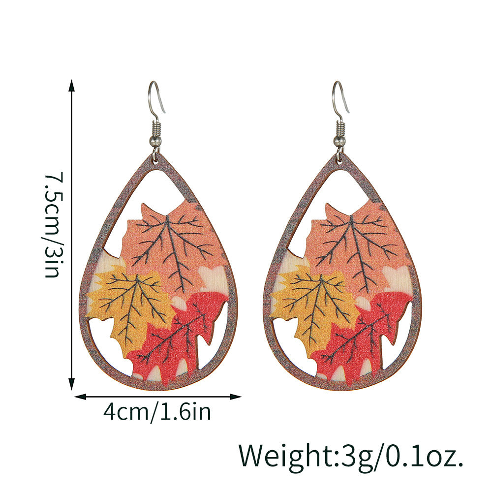 Hollow Maple Leaf Teardrop Wood Plated Earrings