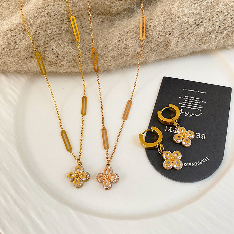Layered Geometric Four-Leaf Clover Floral Titanium Steel Cubic Zirconia Necklace with Cable Chain